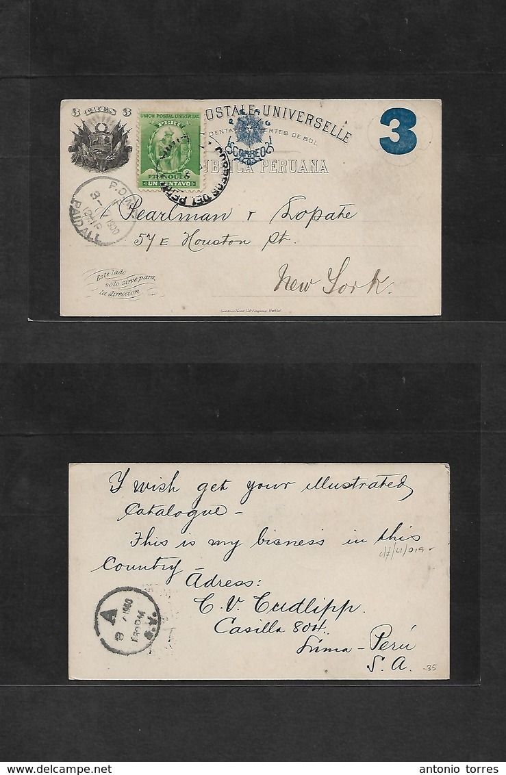 Peru - Stationery. 1900 (June) Lima - USA, NYC (3 July) 3c Ovptd Stat Card + 1c Adtl, Cds. Fine. - Pérou