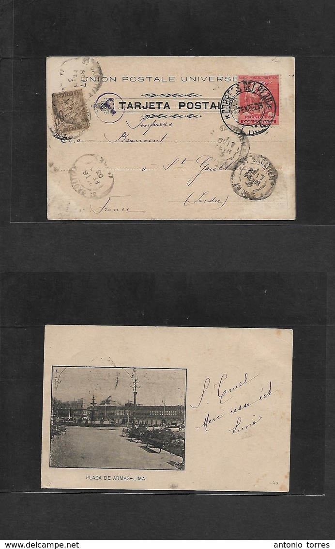 Peru. 1903 (17 Jan) Lima - France, St. Gaultier (17 Feb) Fkd Ppc 2c Red + Taxed + French P. Due 10c Tied Arrival Cds. - Pérou