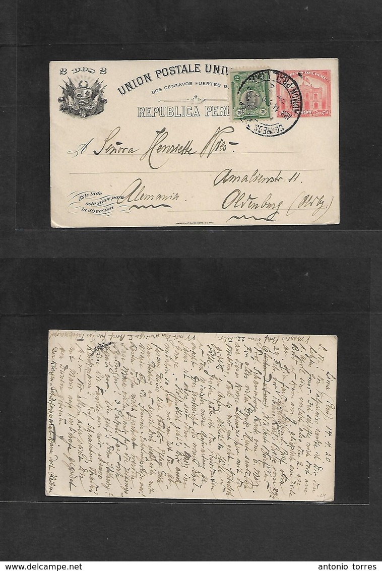 Peru - Stationery. 1920 (14 April) Lima - Germany, Olvenburg 2c Red Stat Card + Adtl, Cds. Fine Used, Long Text. - Peru