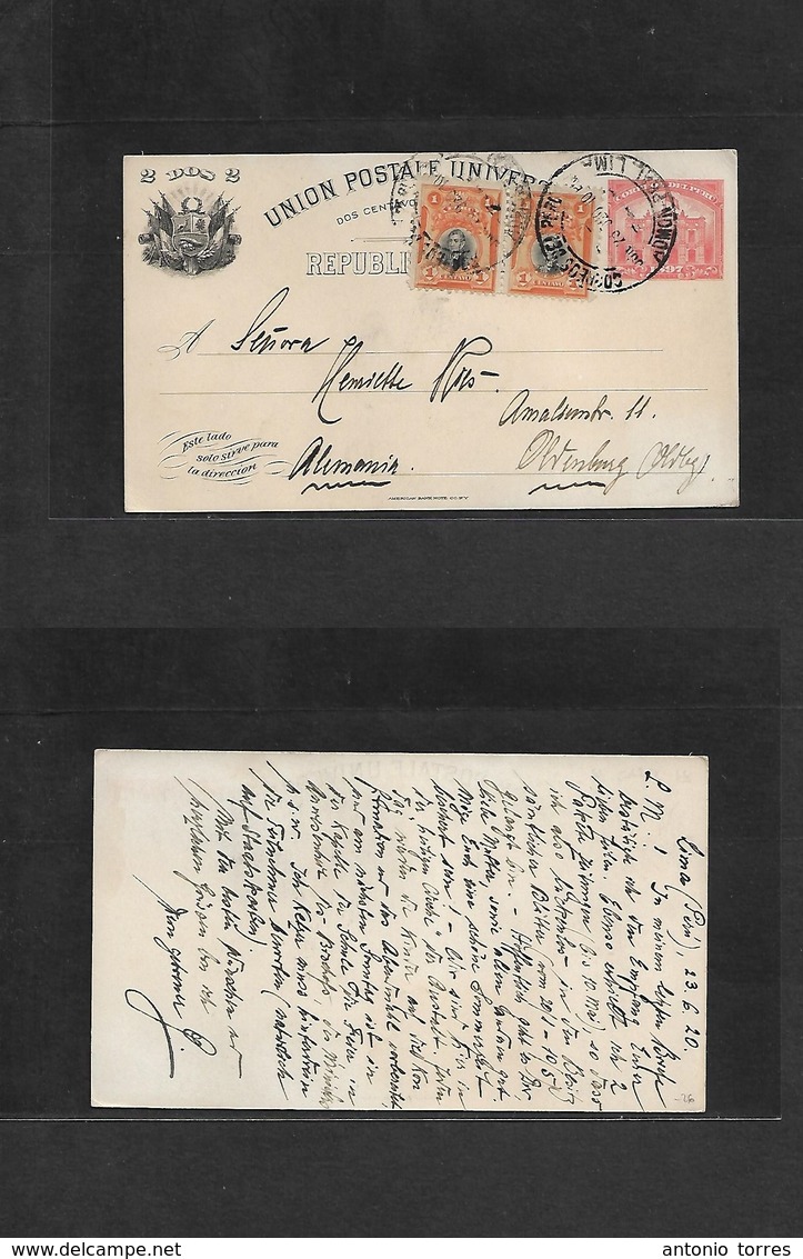 Peru - Stationery. 1920 (23 June) Lima - Germany, Olvenburg. 2c Red Stat Card + 2 Adtls, Cds. Long Text. Fine Used. - Pérou