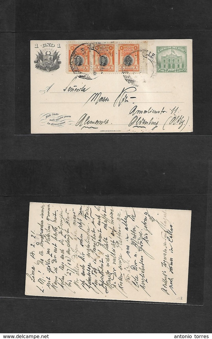 Peru - Stationery. 1921 (14 Feb) Lima - Germany, Olvenburg 1c Green Stat Card + 3 Adtls, Cds. VF Used + Long Text. - Pérou