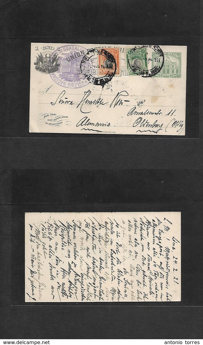 Peru. 1921 (24 Feb) Lima - Germany, Olvenburg 1c Grey Green Stat Card + 2 Adtls, Tied Cds Oval Lilac Colegio Nacional Sh - Pérou