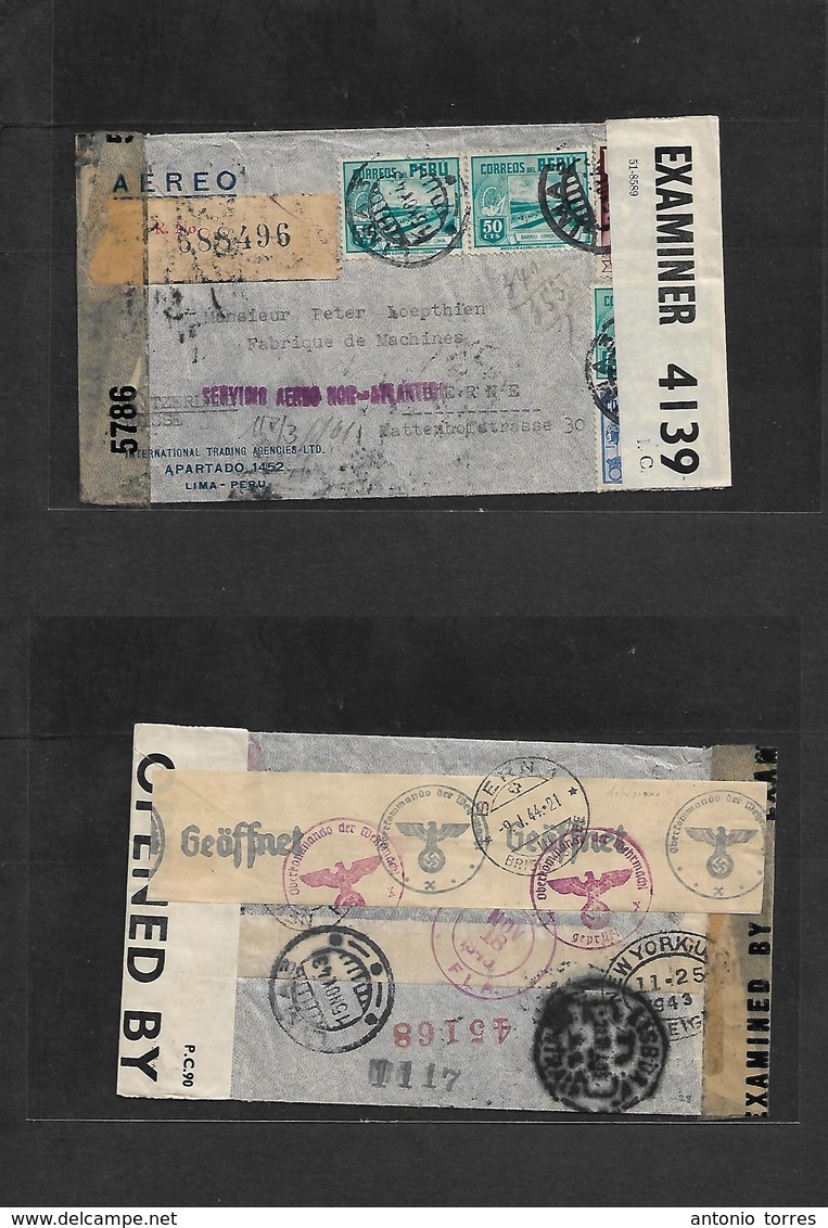 Peru. 1943 (15 Nov) Lima - Switzerland, Bern (9 Jan 44) Registered Air Multifkd Env + Triple Censor Incl Nazi + Routed V - Pérou