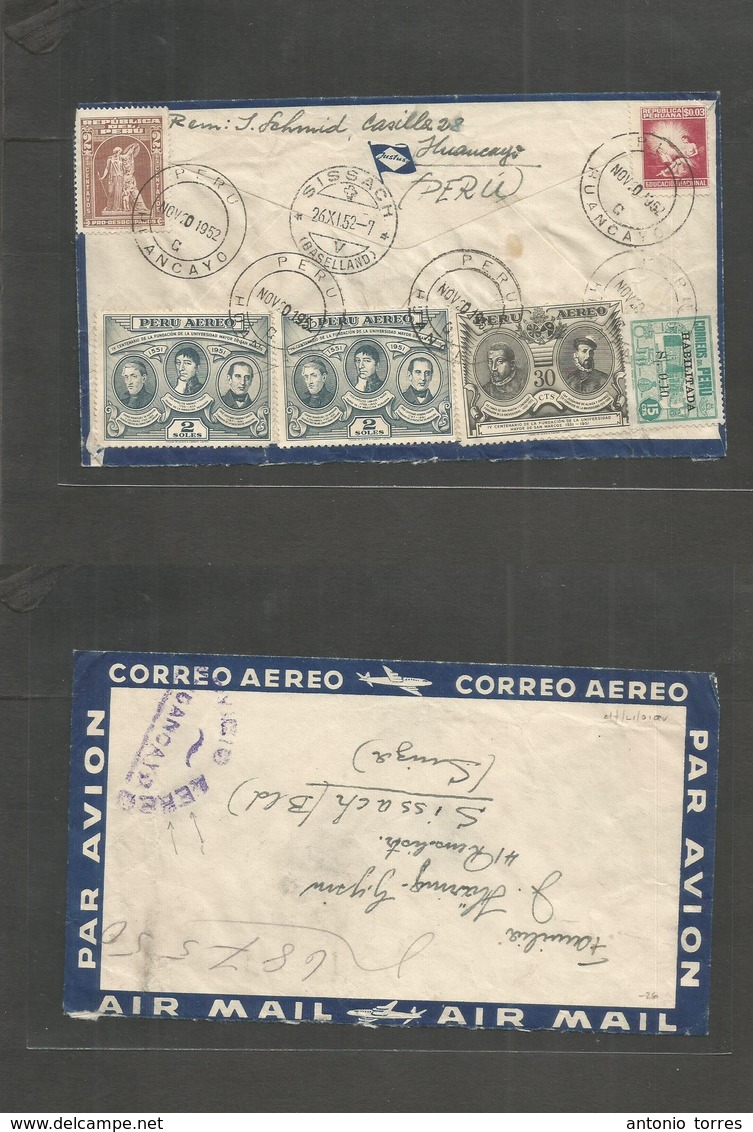 Peru. 1952 (Nov 10) Huancayo - Switzerland, Sissach (26 Nov) Reverse Air Multifkd Envelope Incl Educacion + Special Air  - Peru