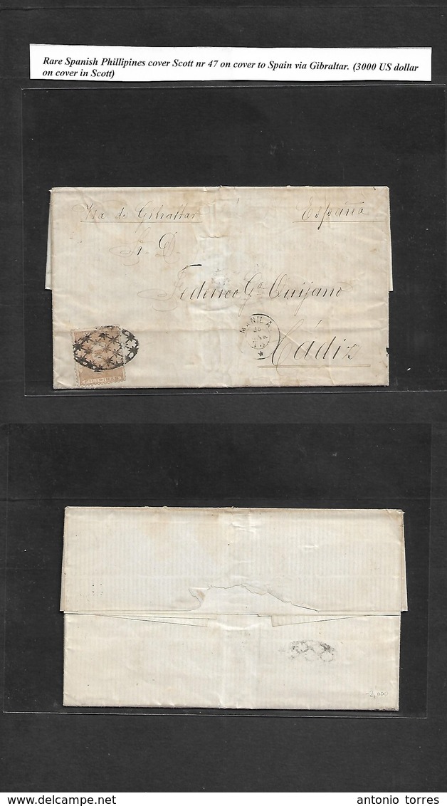 Philippines. 1873 (25 Enero) Manila - Peninsula, Cadiz. Via Gibraltar. Carta Completa Con Texto Con Sello 1 Peseta Beige - Philippines