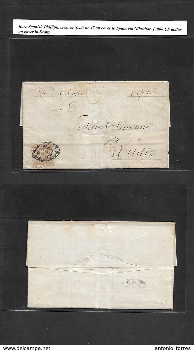 Philippines. 1873 (25 Enero) Manila - Peninsula, Cadiz. Via Gibraltar. Carta Completa Con Texto Con Sello 1 Peseta Beige - Filippijnen