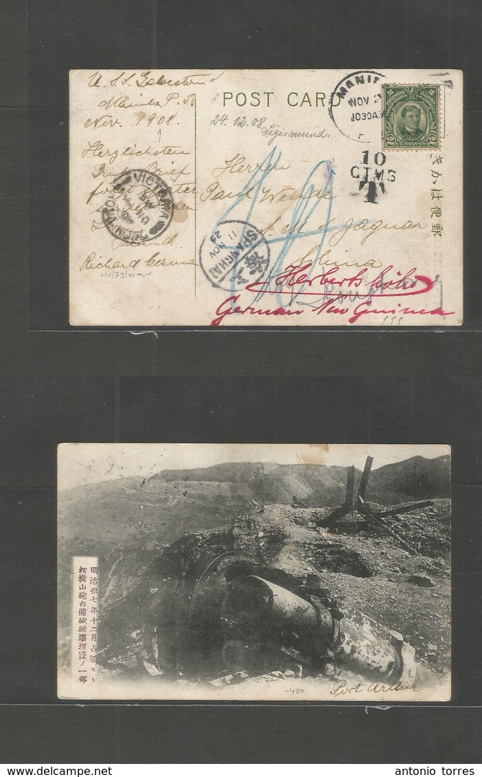 Philippines. 1908 (2 Nov) Manila - German New Guinea, Herberholtz (German Col) Via Hong Kong - Shanghai Fkd + Taxed Ppc  - Philippines