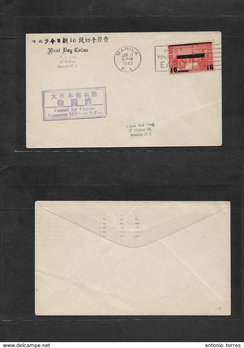 Philippines. 1943 (11 Jan) Manila Local Usage Japanese Occup FDC / Ovptd Issue. Bilingual Printed Env + Cachet. Fine. - Philippines
