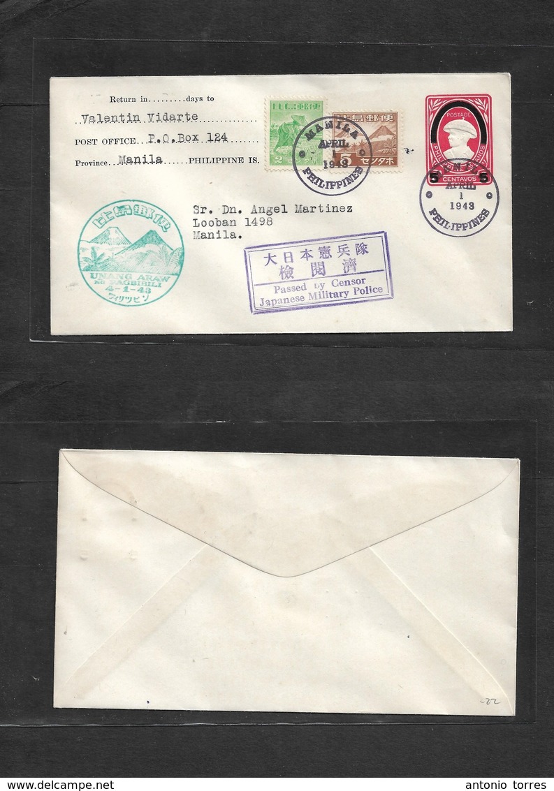 Philippines. 1943 (1 Abr) Japanese Occup. Manila Local Usage Ovptd Stat Env + Adtl + Green Slogan Cachet. - Philippinen