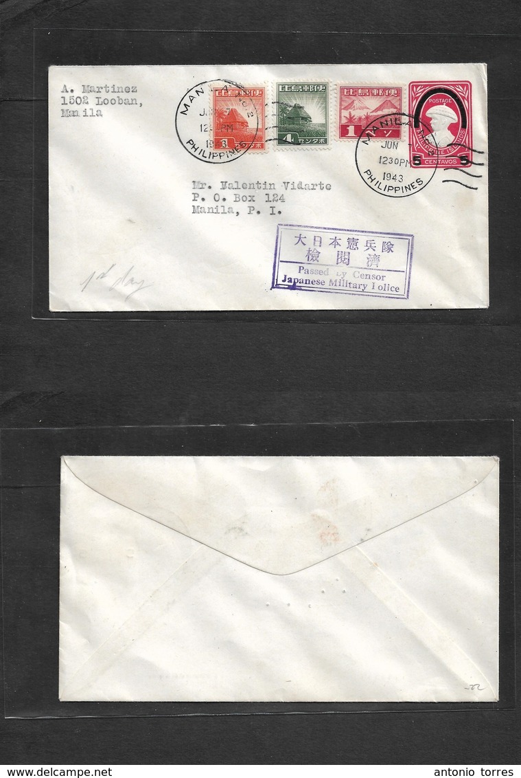 Philippines. 1943 (7 June) Japanese Occup. Manila Local Usage Ovptd Stat Env + Adtls + Censored. - Philippines
