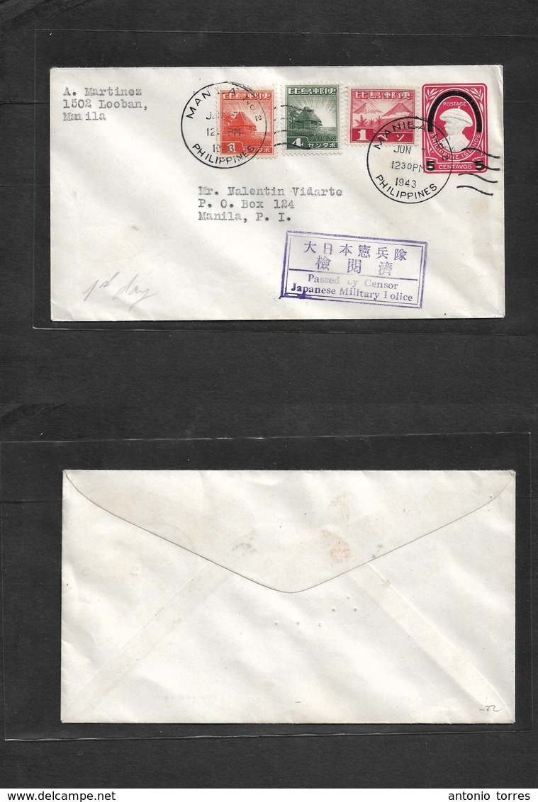 Philippines. 1943 (7 June) Japanese Occup. Manila Local Usage Ovptd Stat Env + Adtls + Censored. - Filippijnen