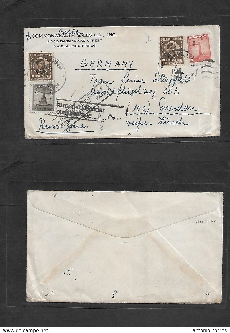 Philippines. 1947. Manila - Germany, Dresden. Fkd Comercial Envelope + Held For Further, Which Was Added Cancelled And S - Philippines