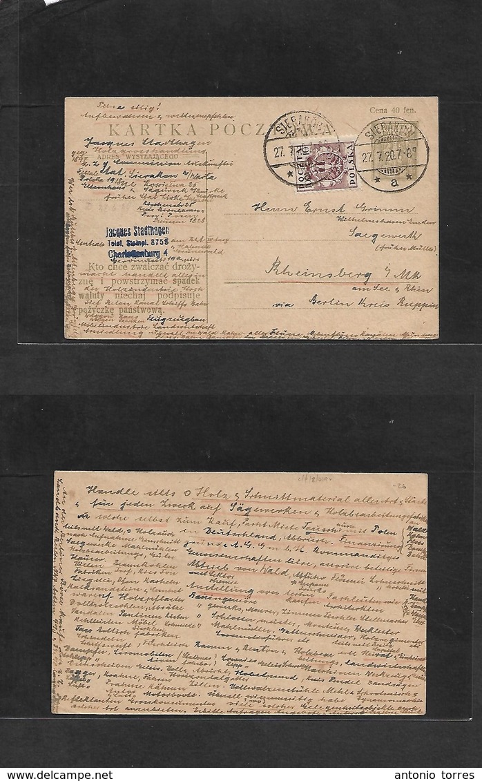 Poland. 1920 (27 July) Sierakow - Rheinsberg, Germany. 40fen Green Stat Card + Adtl. VF Used. - Autres & Non Classés