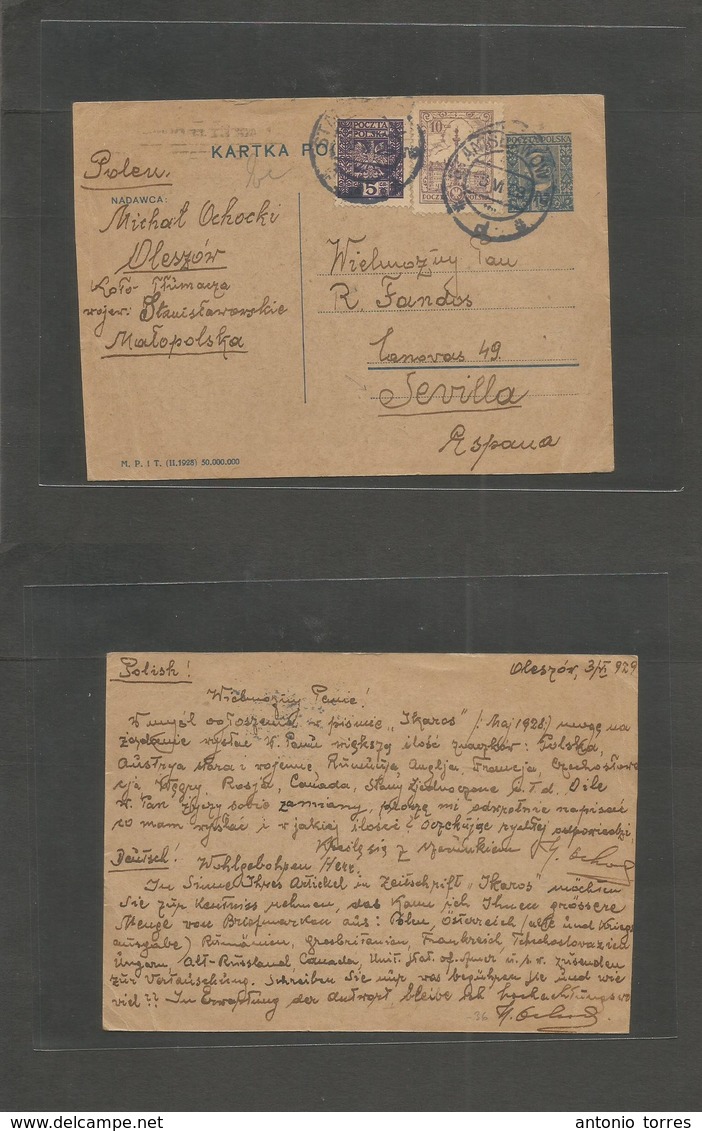 Poland. 1929 (3 May) Oleszov - Spain, Seville. 15 Gr Blue Stat Card + 2 Adtls, Tied Cds. Rarity Destination. - Other & Unclassified