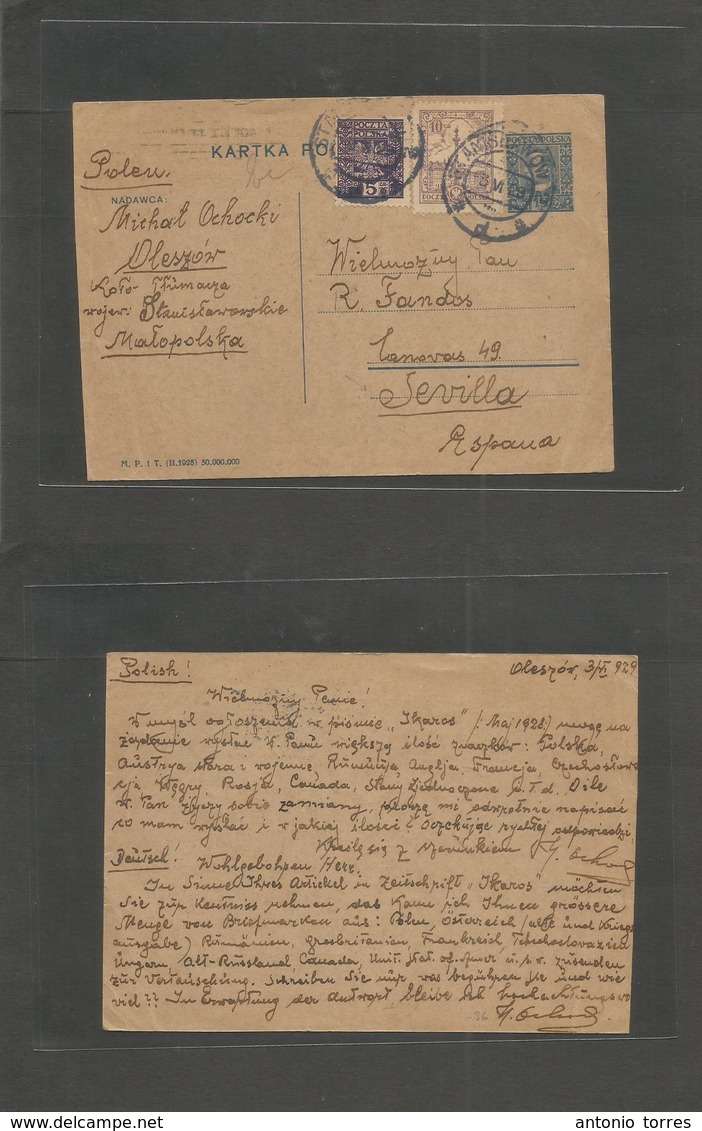 Poland. 1929 (3 May) Oleszov - Spain, Seville. 15 Gr Blue Stat Card + 2 Adtls, Tied Cds. Rarity Destination. - Andere & Zonder Classificatie