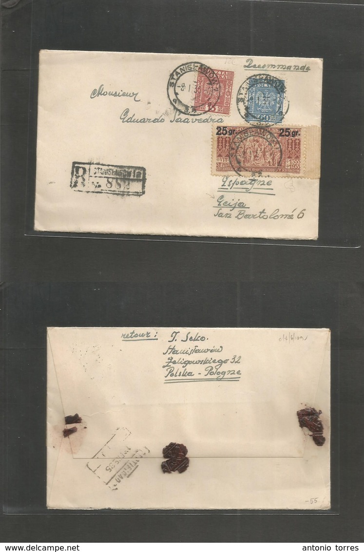 Poland. 1935 (8 Jan) Stanislawow - Spain, Ecija, Seville. Registered Multifkd Envelope. XF + Rarity Destination (hottest - Other & Unclassified