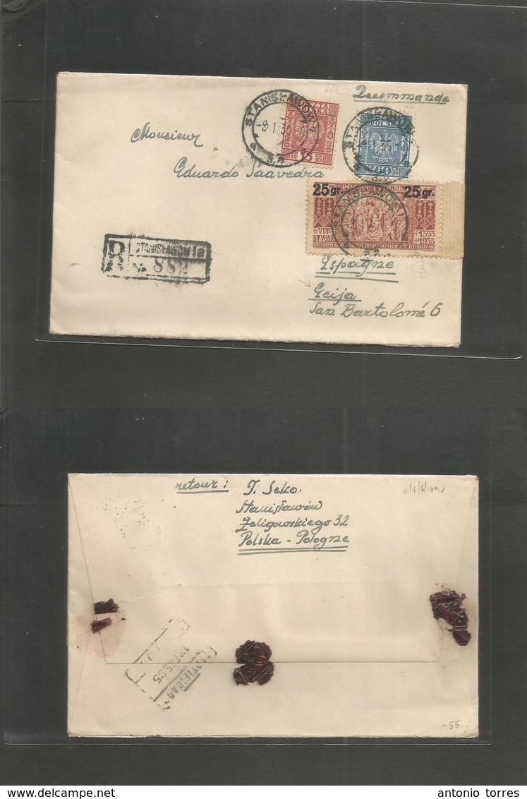Poland. 1935 (8 Jan) Stanislawow - Spain, Ecija, Seville. Registered Multifkd Envelope. XF + Rarity Destination (hottest - Autres & Non Classés