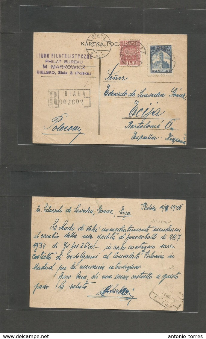Poland. 1935 (12 Jan) Biala - Spain, Ecija, Sevilla (17 Enero) Registered Private Multifkd Card. Scarce Rare And Rarity  - Otros & Sin Clasificación