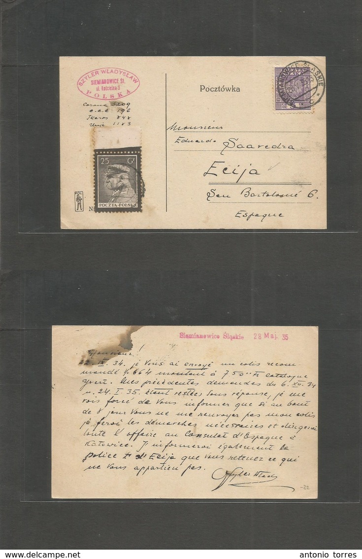 Poland. 1935 (28 May) Semianowice - Spain, Ecija, Seville. Multifkd Private Card. Rare Destination To Tiny Village In So - Other & Unclassified