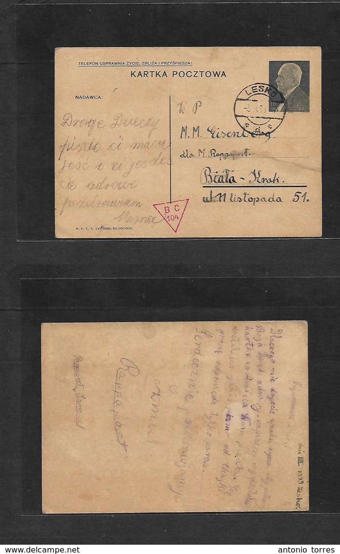 Poland. 1939 (3 Oct) Lesko - Biata - Krak. 10gr Grey Blue Stat Card. Scarce + Early Days War Censured Item. - Autres & Non Classés