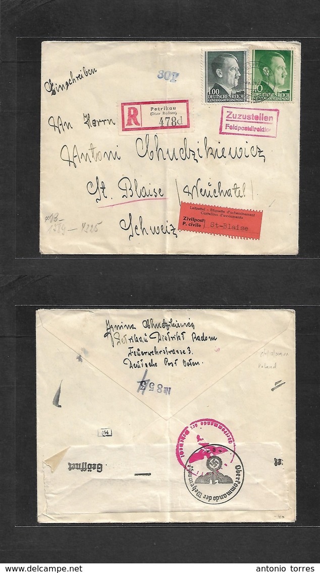 Poland. 1942 (Oct) German Occup. Petrikau - Switzerland St. Blaise. Swiss Internees Mail Camp. Registered Multifkd Envel - Autres & Non Classés