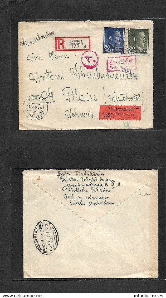 Poland. 1944 (13 July) German Occup. Petrikau - Switzerland, St. Blaise. Swiss Internees Mail Camp. Registered Multifkd  - Autres & Non Classés