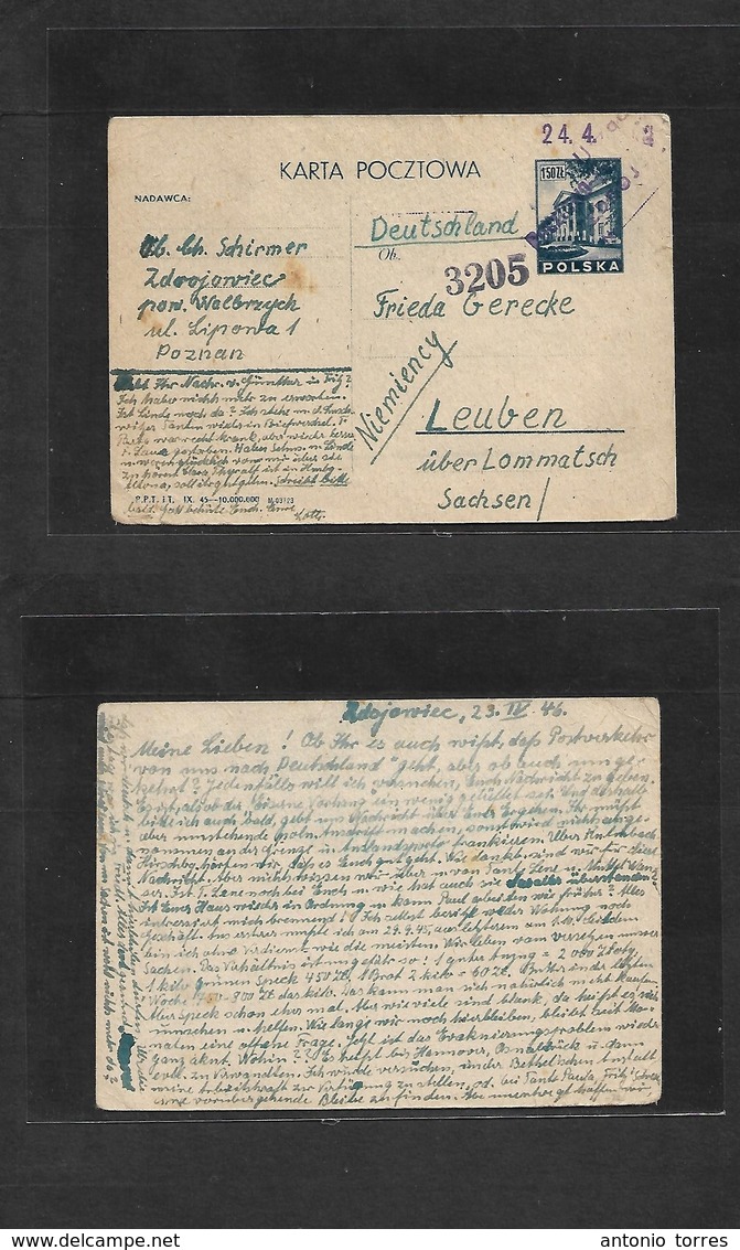 Poland. 1946 (23 Apr) Zdrojowiec - Leuben, Sachsen, Germany 1,50 Zt Blue Stat Card. Fine And Scarce End Of WWII Early Us - Other & Unclassified