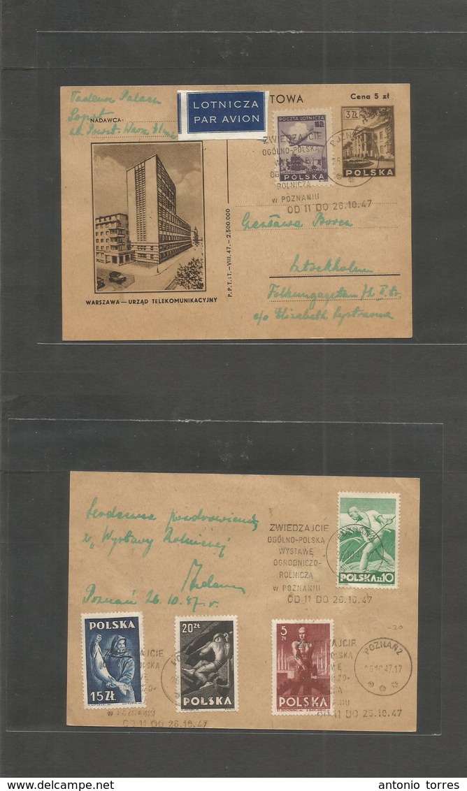 Poland. 1947 (26 Oct) Poznan - Sweden, Stockholm. Ana 5xt/3zt Illustrated Stat Card + Adtls (front + Reverse) On Airmail - Autres & Non Classés