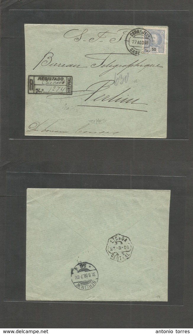 Portugal - Xx. 1908 (27 Aug) Cascais - Germany, Berlin (31 Ago) Registered Single 50r. Mouchon Issue Fkd Env. Telegraph  - Autres & Non Classés