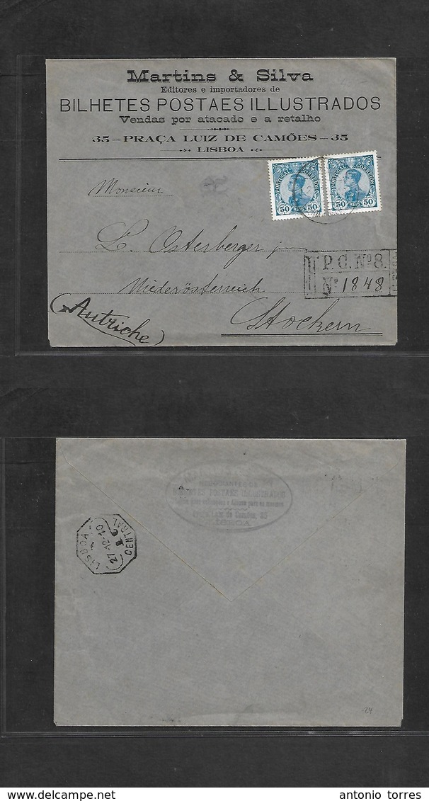 Portugal - Xx. 1910 (27 Dec) Lisboa - Austria, Stochem. Kingdom Manuel Registered Fkd Env St 100rs Rate. VF Used + R-cac - Autres & Non Classés