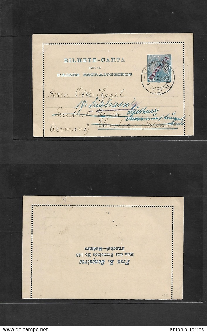 Portugal - Stationery. 1912 (11 Nov) Funchal, Madeira - Germany, Elmshorn, Holstein. 50rs Blue Republic Ovptd Stationary - Otros & Sin Clasificación