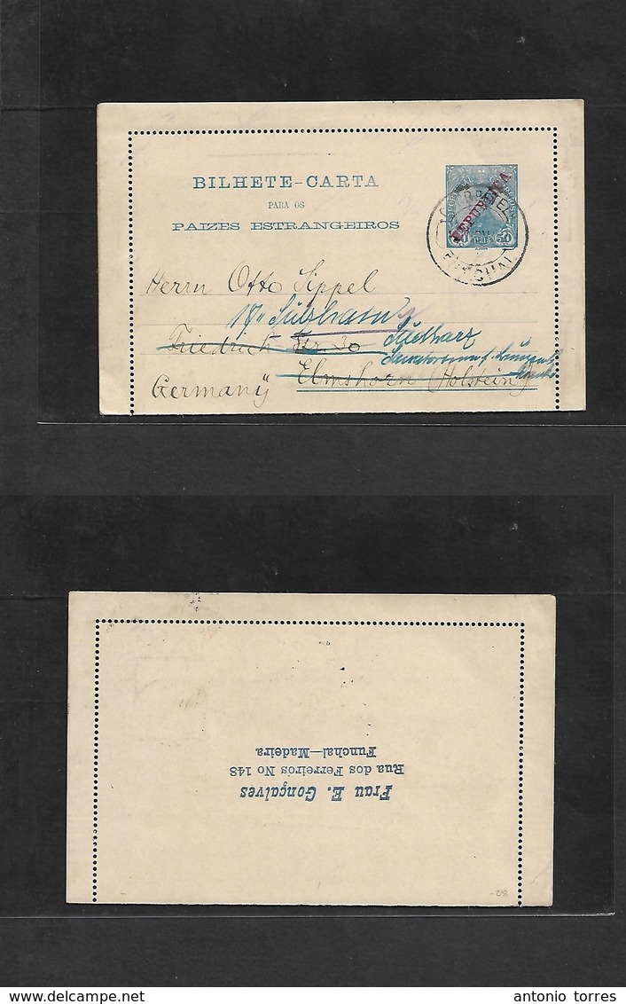 Portugal - Stationery. 1912 (11 Nov) Funchal, Madeira - Germany, Elmshorn, Holstein. 50rs Blue Republic Ovptd Stationary - Andere & Zonder Classificatie