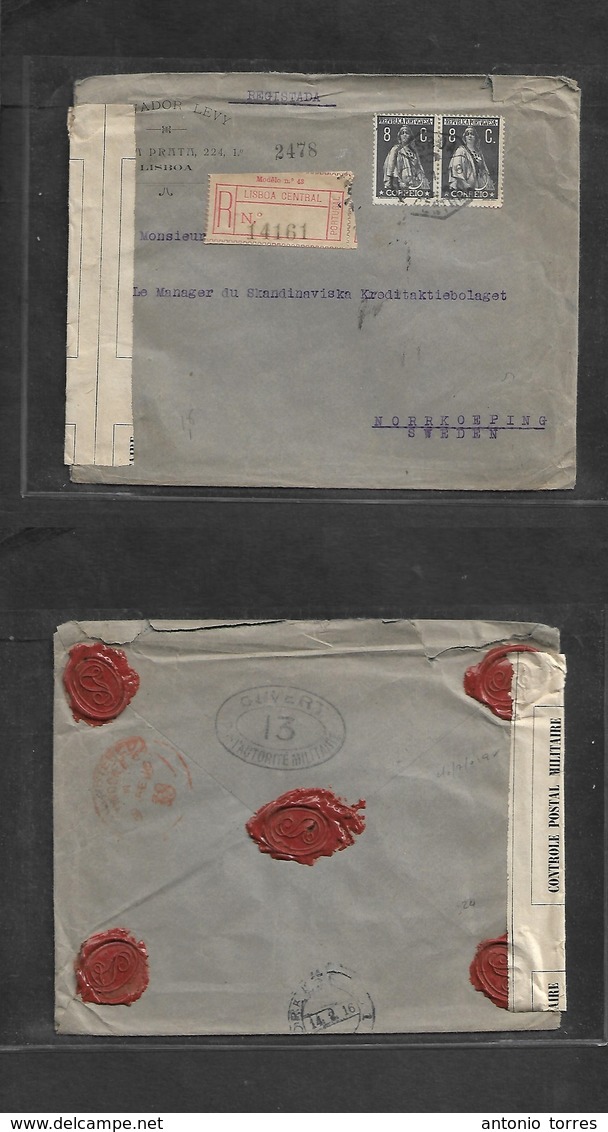 Portugal - Xx. 1916 (24 Jan) Lisboa - Sweden, Norrkoeping. Registered Fkd Env 8c Ceres Issue Pair Tied WWI French Censor - Other & Unclassified