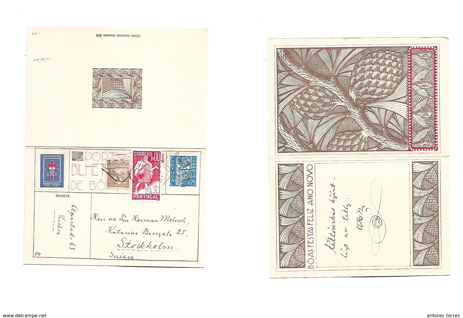 Portugal - Stationery. 1938 (21 Dec) Boas Festas "Tudo Pela Naçao" Stationary Card. Lisboa - Sweden, Stockholm. Multifkd - Autres & Non Classés