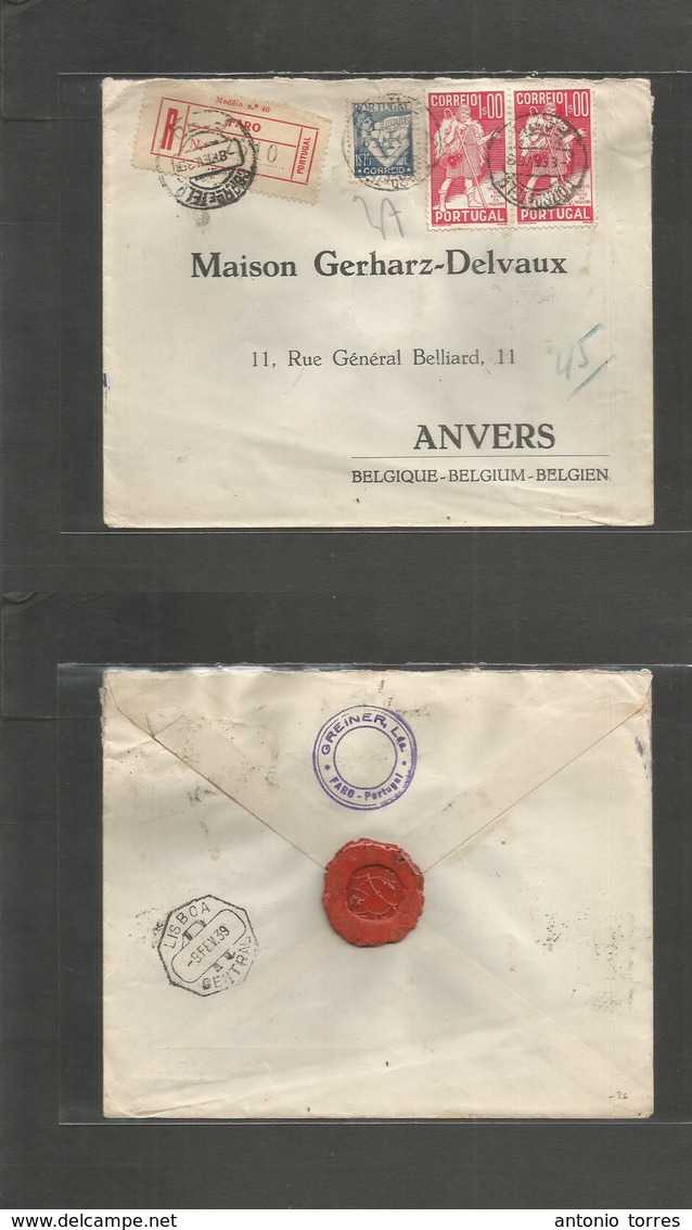 Portugal - Xx. 1939 (8 Feb) Faro - Belgium. Registered Multifkd Env Incl Lusiadas + Gil Vicente Issue, R-label Tied + Cd - Autres & Non Classés