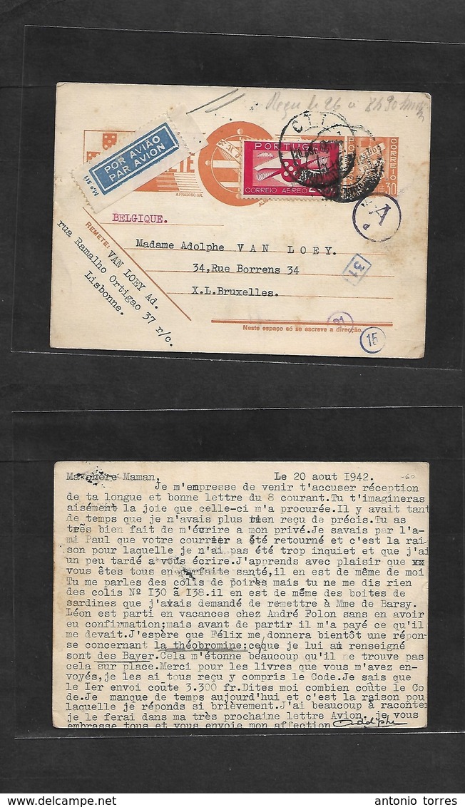 Portugal - Stationery. 1942 (20 Aug) Lisboa - Belgium, Bruxelles (26 Aug) Air 0,30 Red Brown Stat Card + Adtl + Nazi Cen - Other & Unclassified