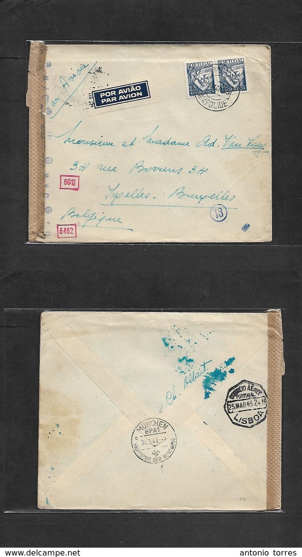 Portugal - Xx. 1943 (25 March) Campolide - Belgium, Bruxelles Via Murich (30 March) Air Fkd + Nazi Censored Envelope. Ra - Other & Unclassified