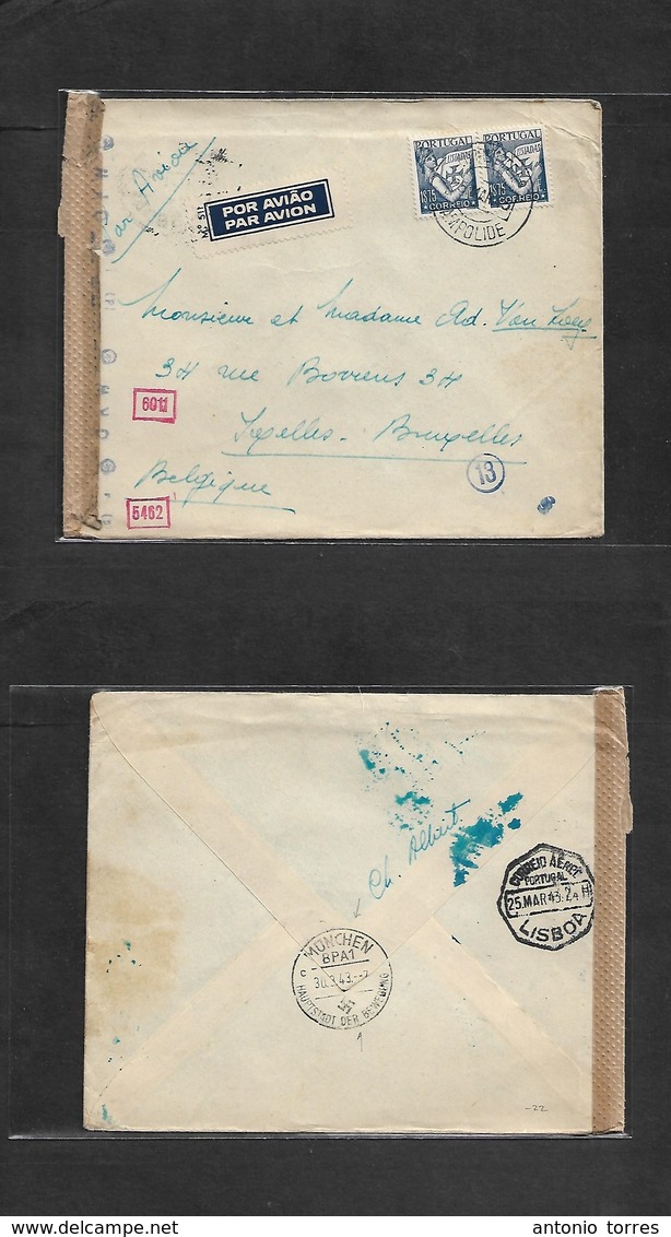 Portugal - Xx. 1943 (25 March) Campolide - Belgium, Bruxelles Via Murich (30 March) Air Fkd + Nazi Censored Envelope. Ra - Andere & Zonder Classificatie