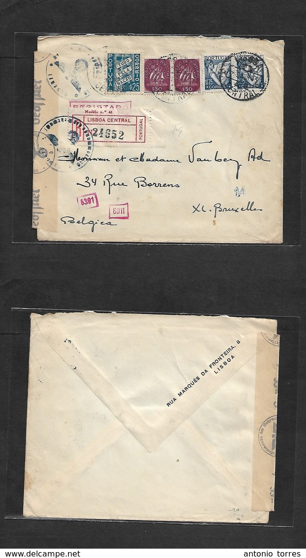 Portugal - Xx. 1943 (9 Apr) Lisboa - Belgium, Bruxelles. Registered Multifkd Air Envelope Incl Luisiadas, Caravela + Tud - Autres & Non Classés