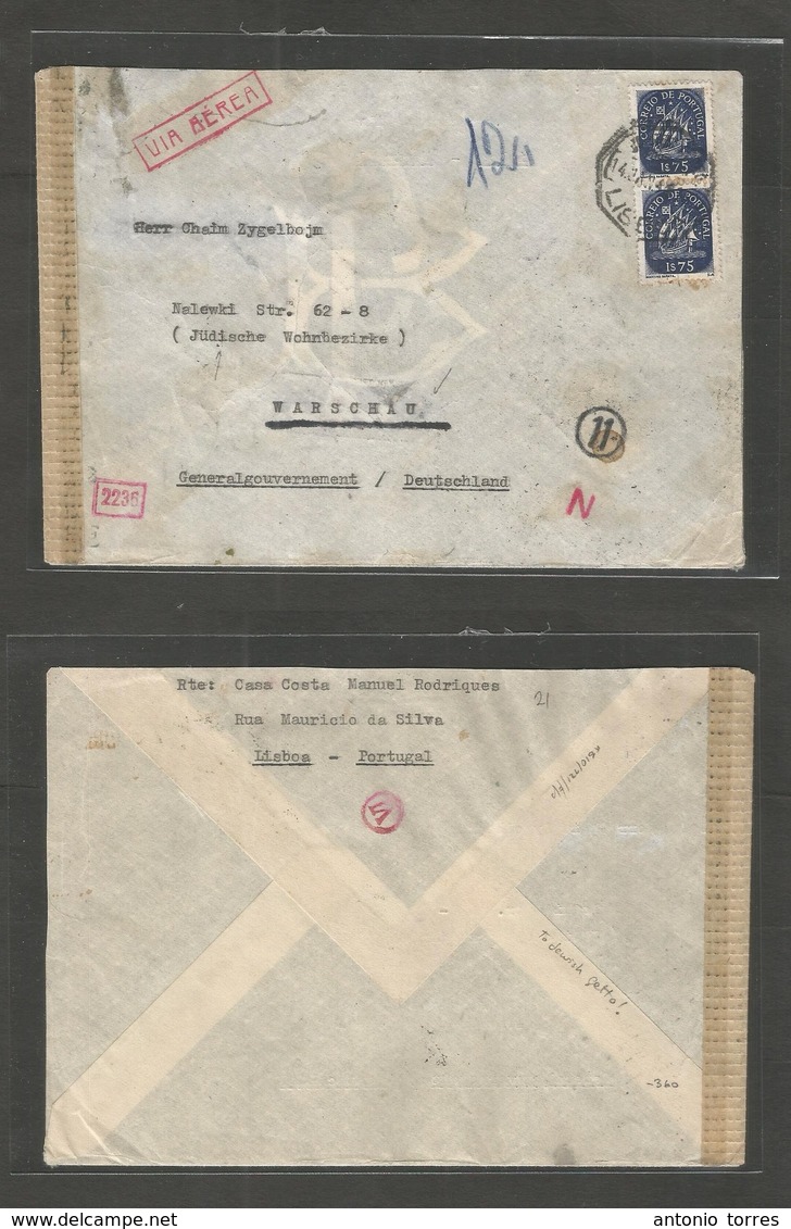 Portugal - Xx. 1944 (14 Jan) Lisboa - Poland, Warsaw, Jewish Getto. Air Fkd + Nazi Censored Envelope Used At Thee Of The - Autres & Non Classés