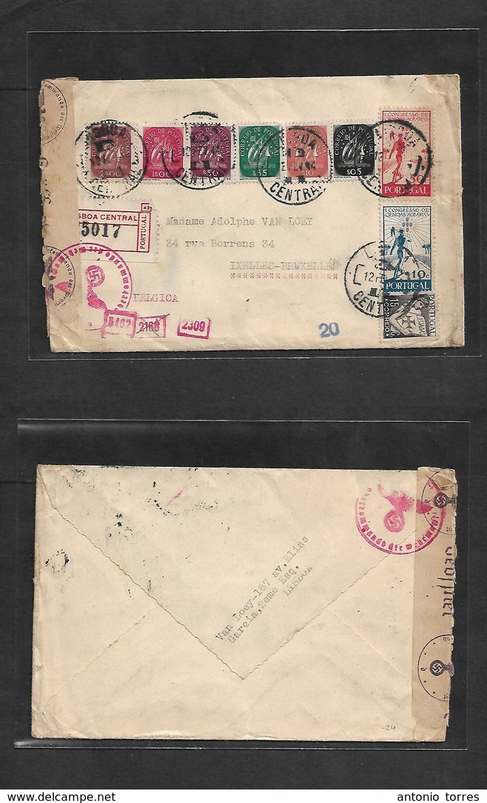 Portugal - Xx. 1944 (12 Feb) Lisboa - Belgium, Bruxelles. Registered Air Multifkd Env Incl Caravela Issue + Nazi Cnesor  - Otros & Sin Clasificación