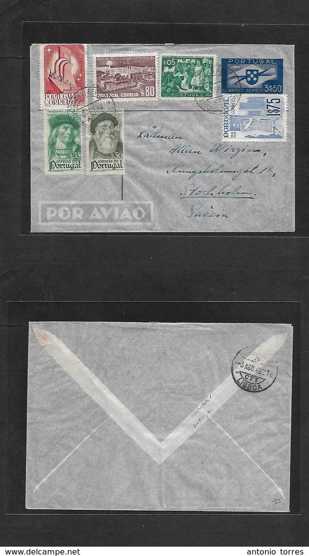 Portugal - Stationery. 1948 (3 Ago) Lisboa Aeroporto - Sweden, Stockholm 3,50 Escudo Blue Stationary Airmail Envelope +  - Andere & Zonder Classificatie