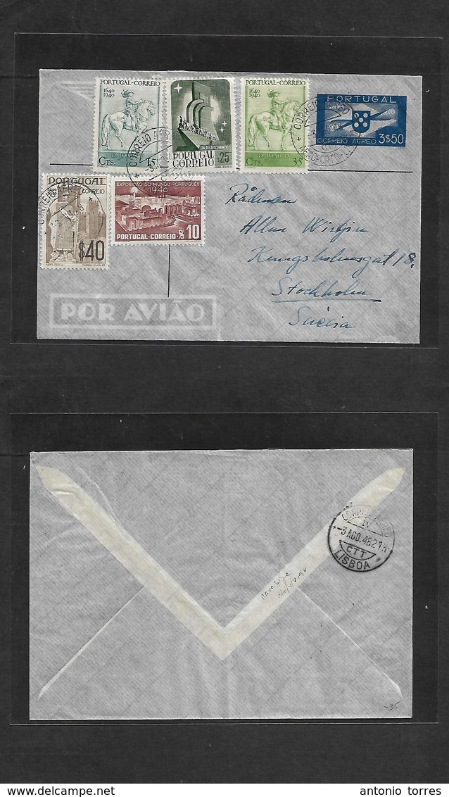 Portugal - Stationery. 1948 (3 Ago) Lisboa Aeropuerto - Sweden, Stockholm, 3,50 Esc Blue Stationary Airmail Envelope + 5 - Andere & Zonder Classificatie