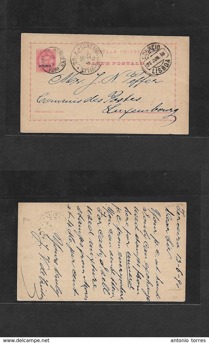 Portugal-Azores. 1890 (13 June) Terceira (smaller Island) - Luxembourg (25 June) 20r Rose Ovptd D. Carlos Stat Card, Ang - Other & Unclassified