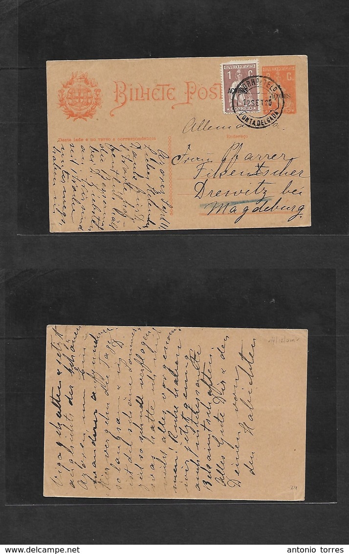 Portugal-Azores. 1920 (12 Sept) Ponta Delgada - Germany, Magdeburg. 2c Orange Ovptd Stat Card + 1c Adtl, Tied Cds. Fine  - Andere & Zonder Classificatie