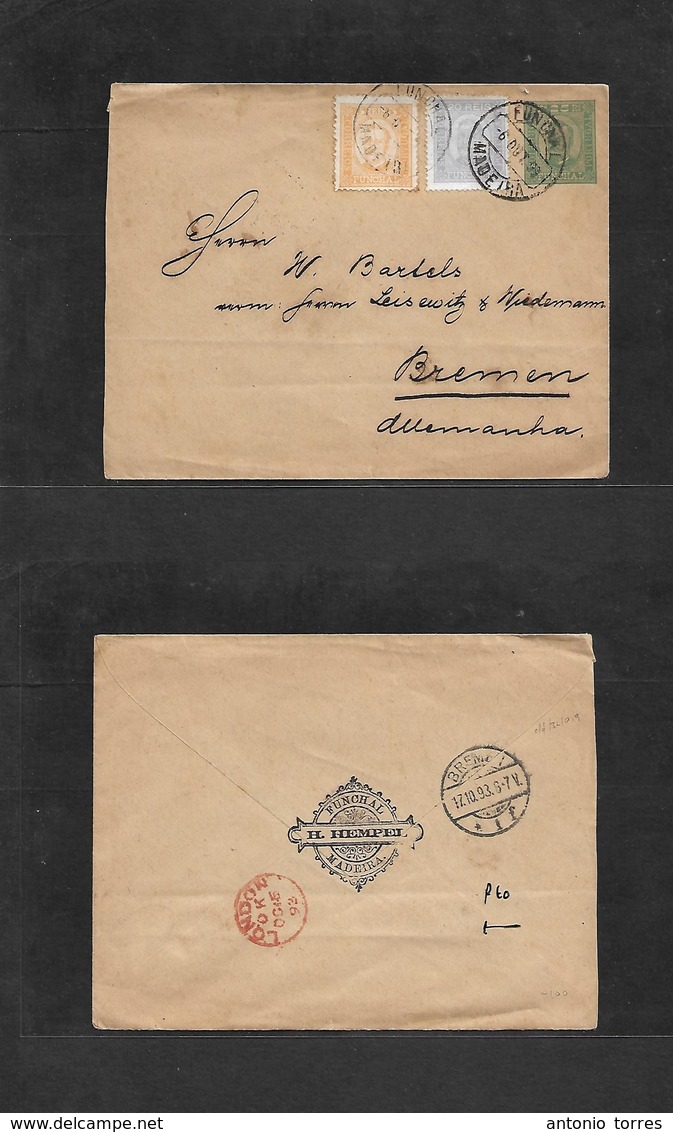 Portugal-Funchal. 1893 (6 Oct) Funchal - Bremen, Germany (17 Oct) 25rs Green Stat Env + 2 Adtls At Correct 50rs Rate. Ve - Autres & Non Classés