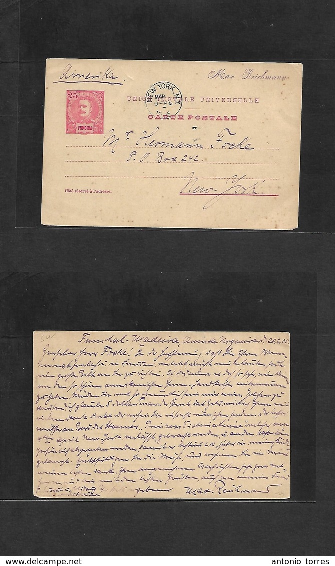 Portugal-Funchal. 1905 (28 Feb) Funchal - USA, NYC (March) 25c Red Monchon Stat Card. Arrival Cds On Front. Fine Used. - Andere & Zonder Classificatie