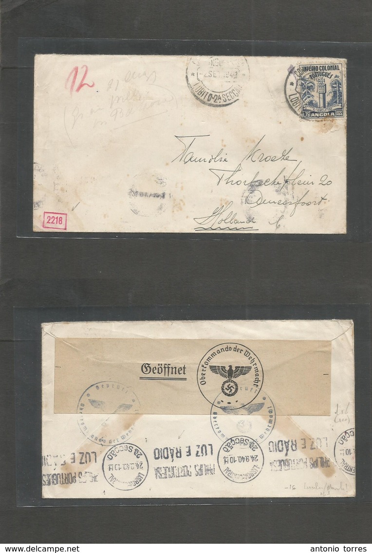 Portugal-Angola. 1940 (2 Sept) Lobito - Netherlands, Damesfoort. Nazi Occup Via Lisbon (29 Sept) Single Fkd Env. Fine Be - Other & Unclassified