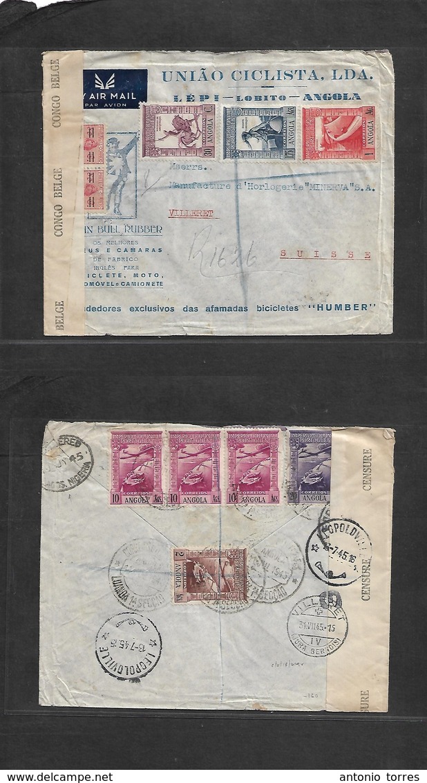 Portugal-Angola. 1945. Lepi, Lobito - Switzerland, Villeret (3 July) Registered Illustrated Multifkd F+R Envelope, Belgi - Other & Unclassified