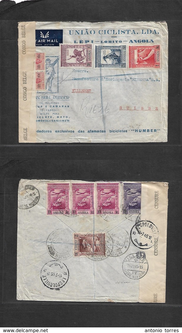 Portugal-Angola. 1945. Lepi, Lobito - Switzerland, Villeret (3 July) Registered Illustrated Multifkd F+R Envelope, Belgi - Autres & Non Classés